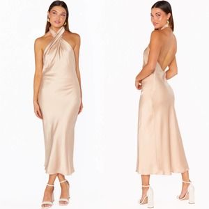 Show Me Your Mumu Jasmine Halter Midi Dress Medium Champagne Luxe Satin